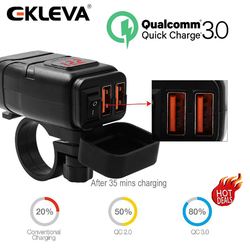 EKLEVA Motorcycle Vehicle-mounted Charger Waterproof USB Adapter 12V Phone Dual Quick Charge 3.0 Voltmeter ON OFF Switch Moto Equipment