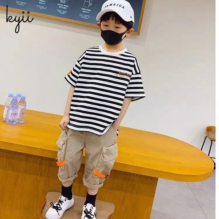 KYII stripe short sleeve Casual boys cotton summer loose shirt Korean Shirt kyb005