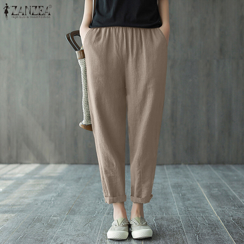 ZANZEA Women Leisure Simple Skinny Solid Pants Vintage Cotton Elastic Waist Trousers #8